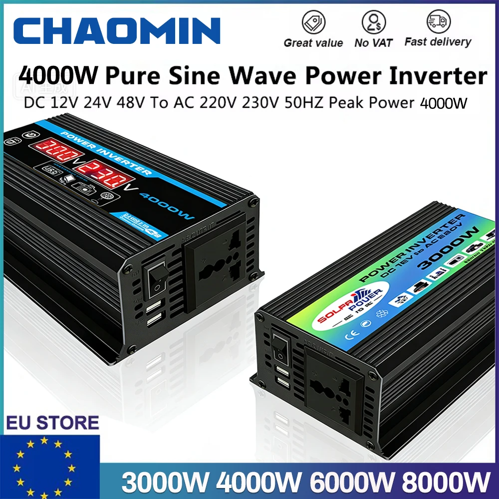 Car Power Inverter LED Display 4000W 12V to 220V Converter Charger Adapter Multiple Protection Dual USB Voltage Transformer