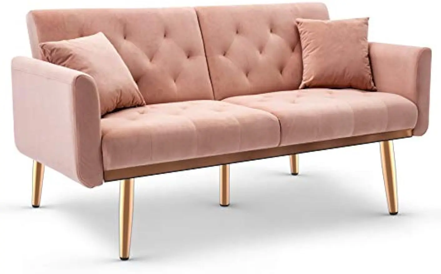 

Velvet Sofa Modern Convertible Futon Sofa Bed Recliner Couch Accent Loveseat Sofa with Rose Gold Metal Feet, Pink