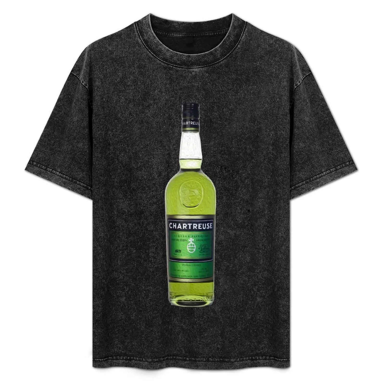 Camiseta con estampado de pintura al óleo de una botella de Chartreuse verde, camiseta básica de manga corta que combina con todo