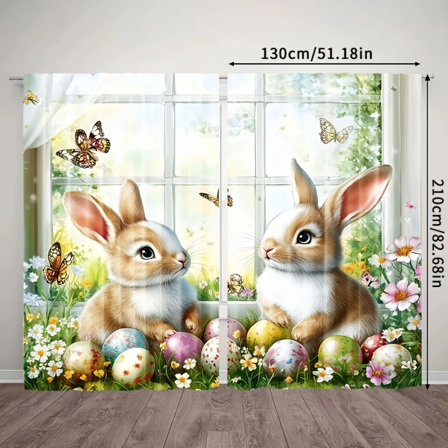 2PCS Digital Print Curtains, Bunny by Window Pattern, Cute Cozy Rabbit Decor Sweet Home Scene Adorable Animal Living Room Drapes
