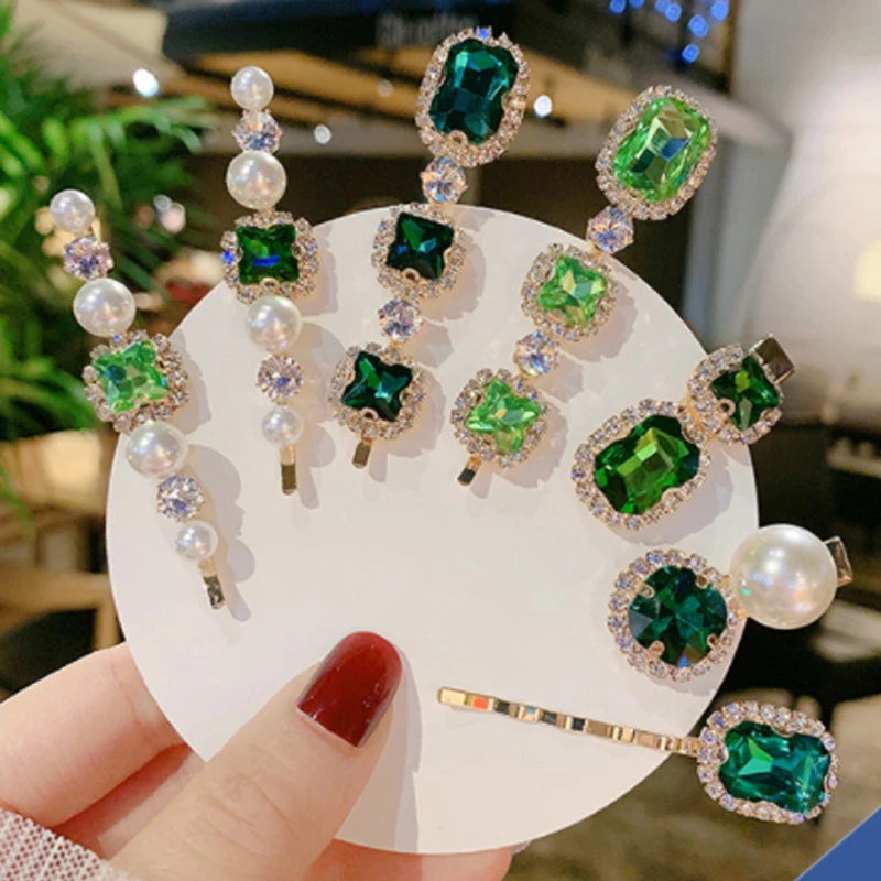 Fashion Green Crystal Women Hair Clips Set Hair Luxury Simulation Pearl Barrette for Girl Ornaments Hairpin Accessories Jewelry