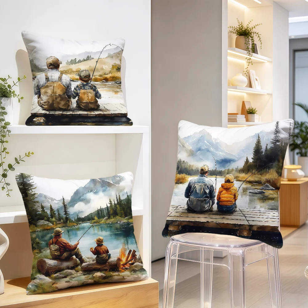 Father And Son Fishing Vintage Camp Art Cushion Cover Soft Pillowcase Double Sided Sofa Home Living Room Decor Bed Hogar Gift