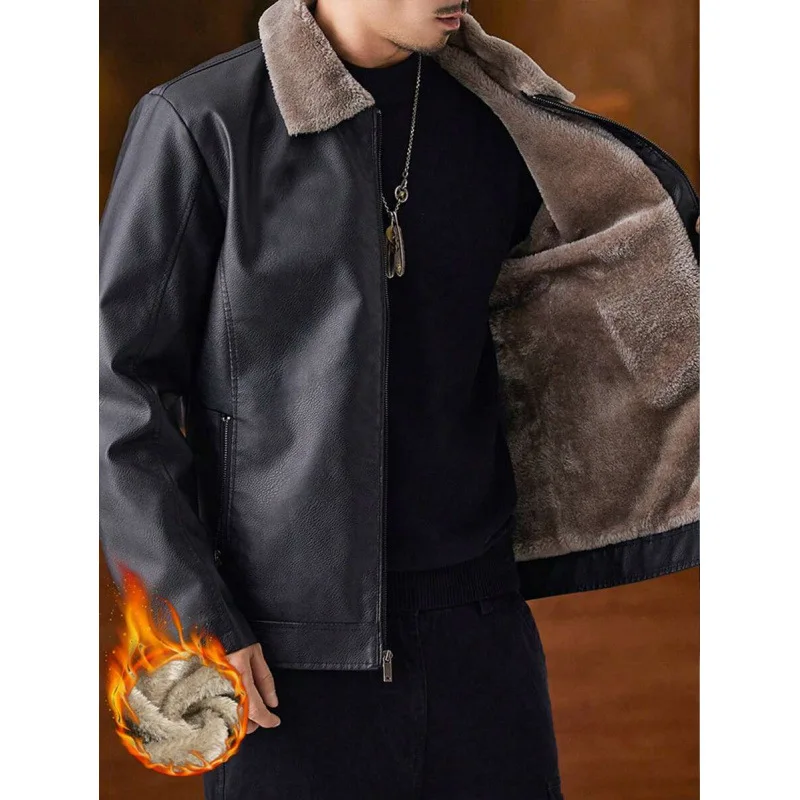 

Men's Fleece Lined Leather Jacket Plush Coat Spring Season Fashion Outerwear No Brand Registered Trademark Available