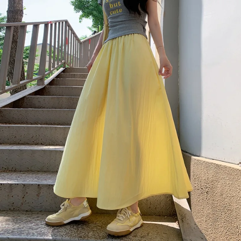Womens Skirt Light Yellow Pleated A Line High Waist Linen Summer Petite Flowy Soft Drape Flared Wide Leg Elegant Breezy Cute