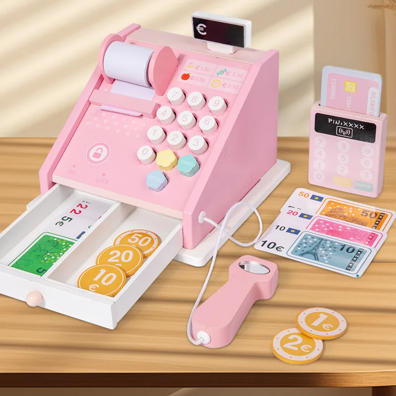 New Play House Toys Wooden Cash Register Toys Simulation Supermarket Checkout Counter Children Role-Play Toys Girl Birthday Gift