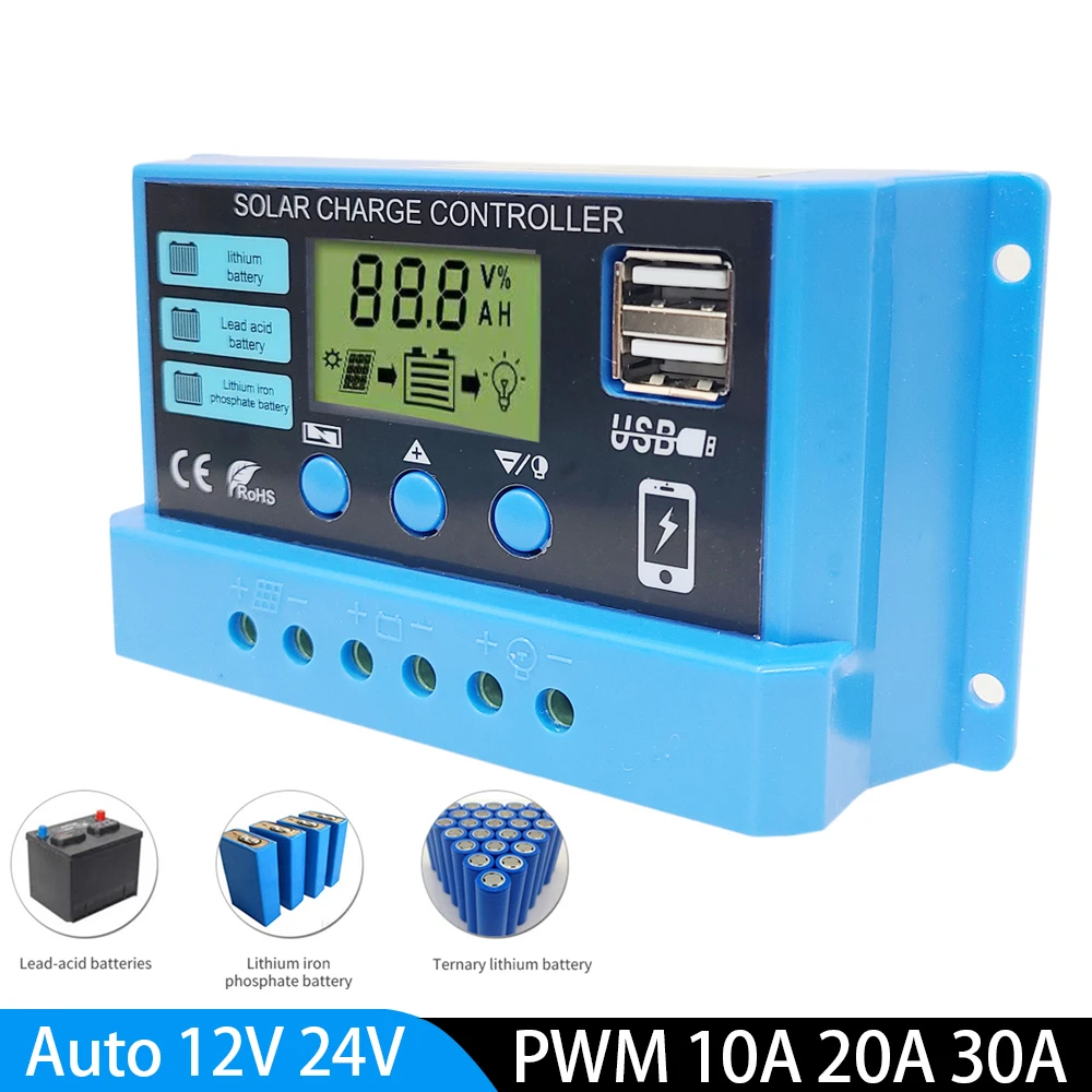 

30A 20A 10A PWM Solar Charge Controller 12V/24V Battery Regulator Solar Panel Controller LCD Display Dual USB 5V Output