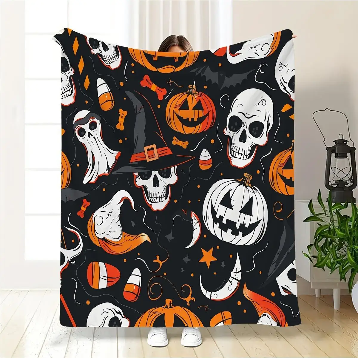 Halloween Skull & Pumpkin Flannel Blanket - Cozy Spooky Themed Bedspread with Witch Hat, Bats, and Cauldron Design