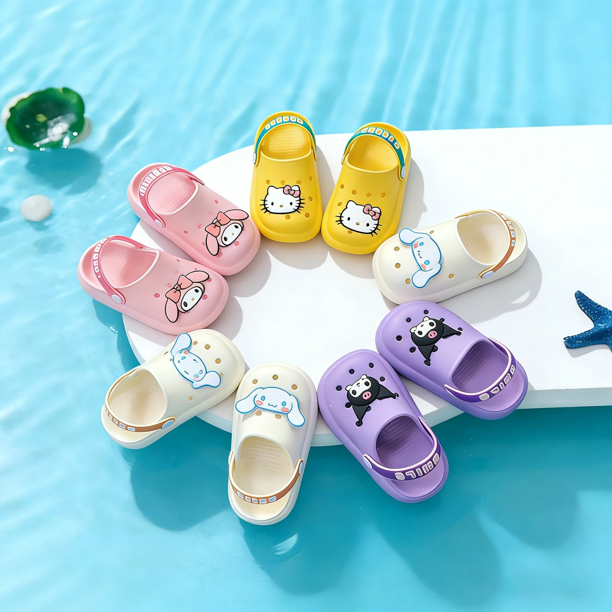 

Детские сабо Sanrio, садовые туфли с мультяшным принтом, из ЭВА, с мягкой подошвой, нескользящие, для улицы, пляжа, домашние тапочки для девочек