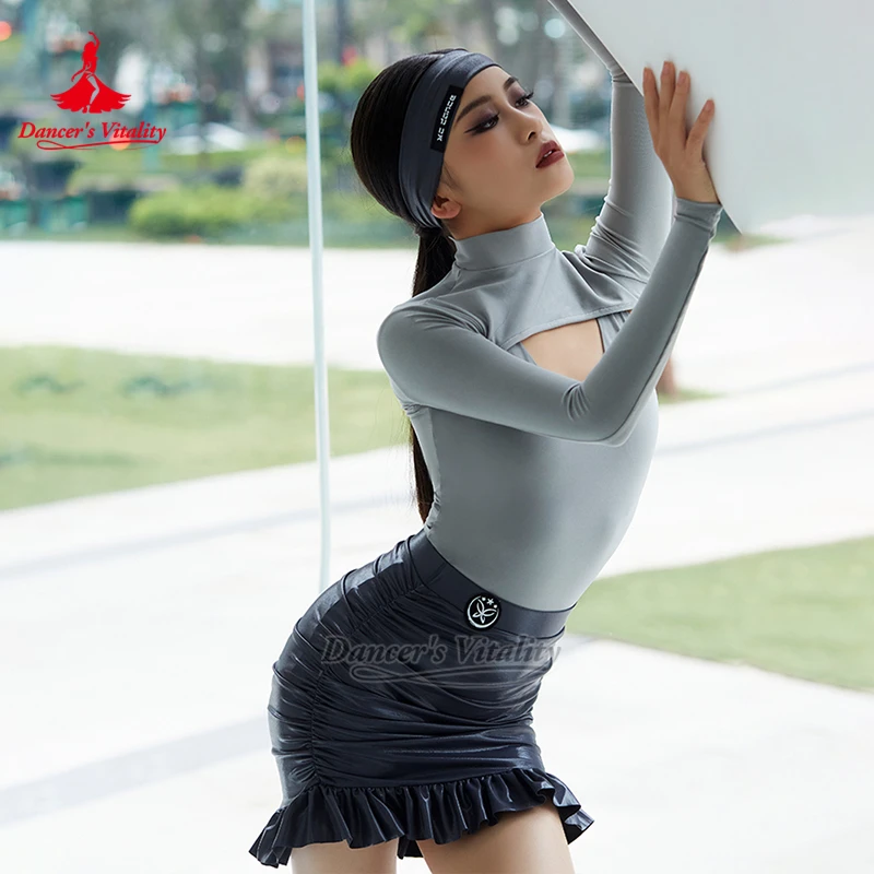 Children Chacha Samba Grey High-neck Bodysuit+Black Skirt Practise Costume Latin Dance Teenagers Training Sets Dancer's Vitality