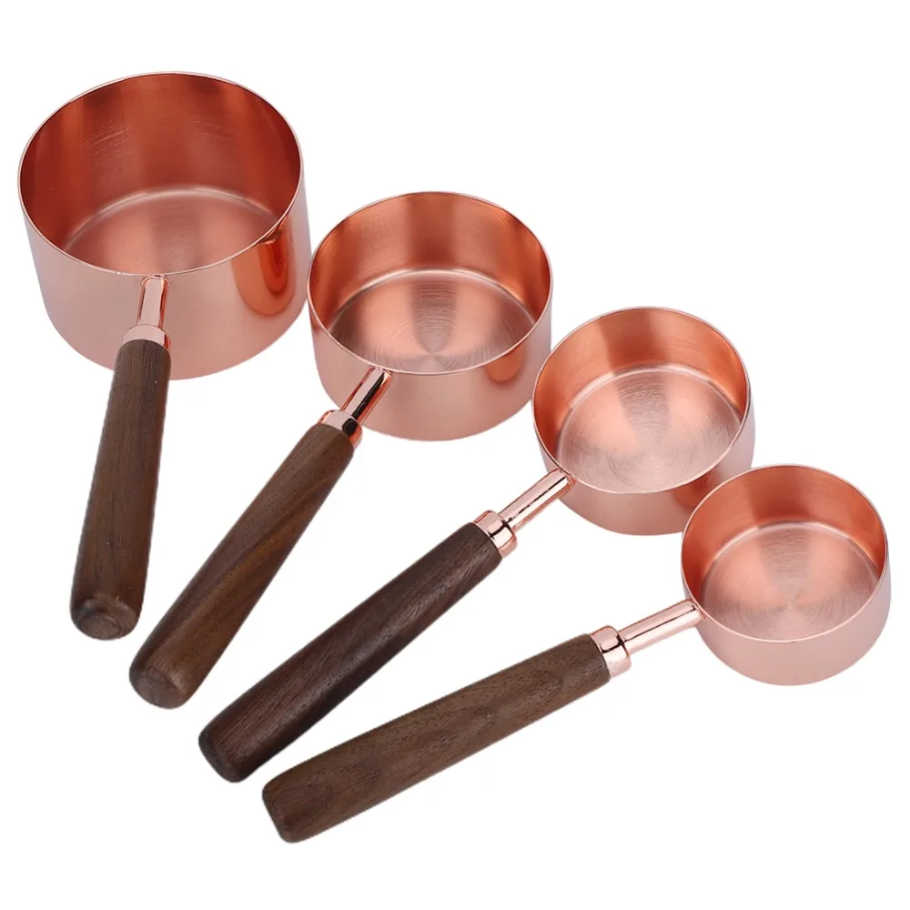 4PC Set Stainless Steel Measuring Cup Set Rose Gold Finish Copper Plated Measuring Spoon Set Wooden Handle With Scale