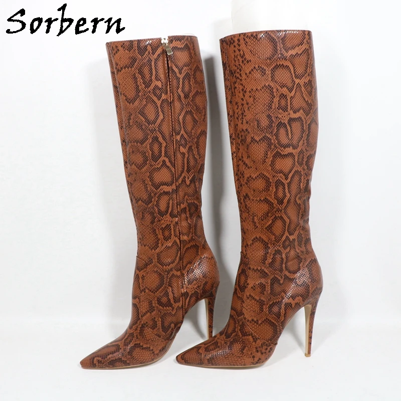 Sorbern Brown Python Knee High Women Boots Wide Ankle Strap Plush For Winter Ladies Boots Custom Shaft Length #1