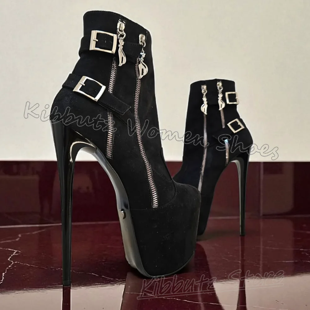 Zipper Ankle Boots Platform Belt Buckle Suede Women Shoes Round Toe Thin High Heels Solid Color Fashion Luxury Elegant Concise