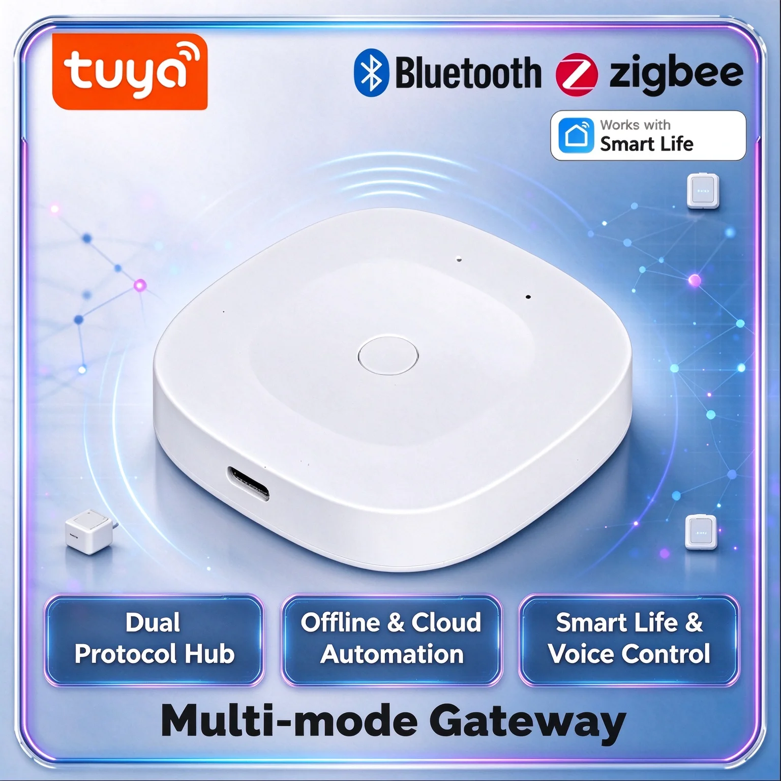 Gateway Multimodo Tuya Smart Life, Hub Zigbee Bluetooth Mesh, Controle Remoto por APP Tipo C para Casa Inteligente, Compatível com Alexa e Google Home