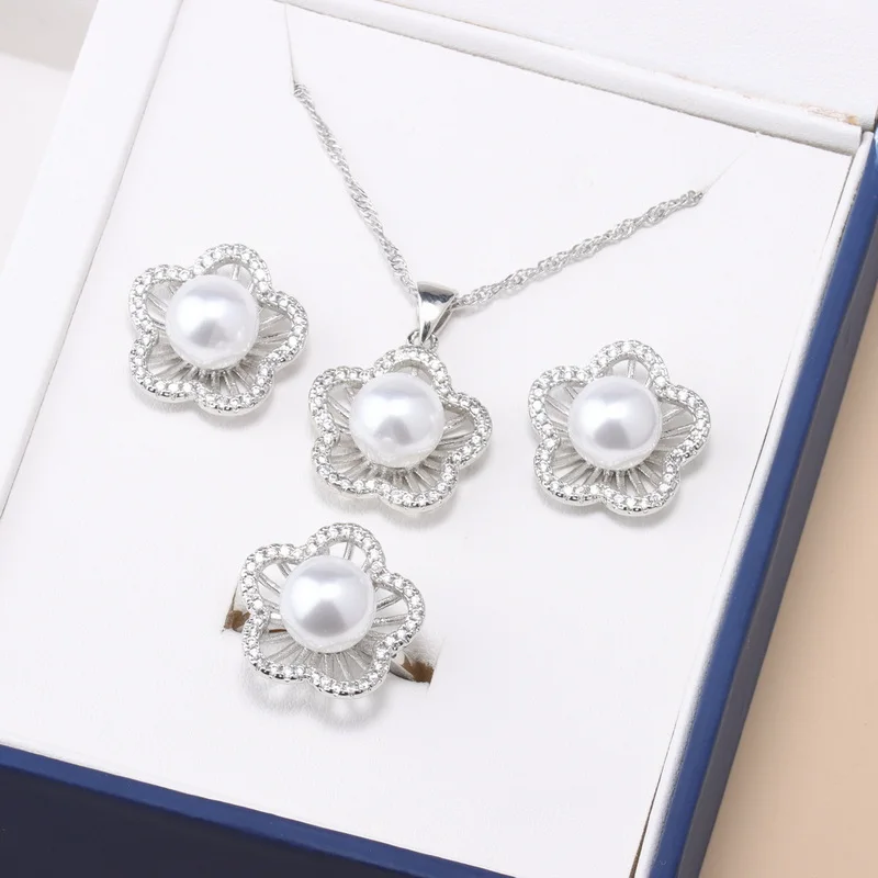 Geneuin 925 Silver Flower Bridal Jewelry Sets Pearl Fashion Jewelry Women Girls Engagement Anniversary Fine Gift Wholesale