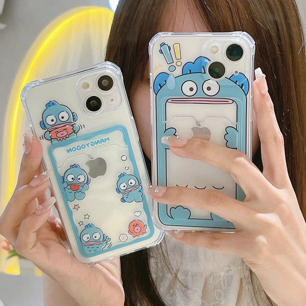 Cute Sanrio Hangyodon Card Pocket Phone Case for IPhone 15 14 13 12 11 Pro Max X XR XS MAX 7 8Plus Anti-fall Soft Back Cover