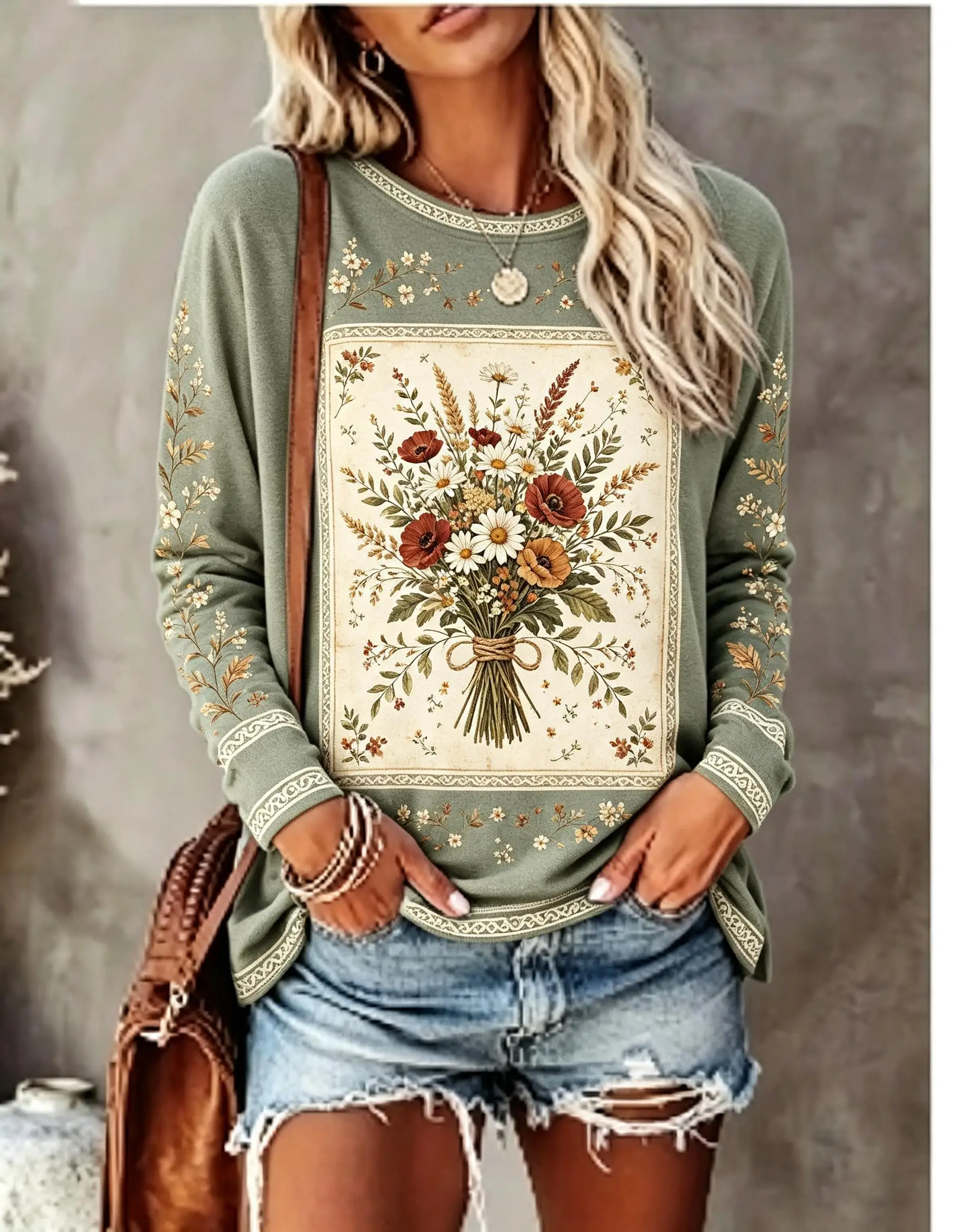 Women Crew Neck Long Sleeve T‑Shirt, Boho Dried Wildflower Bouquet Botanical Print Casual Loose Pullover Tops