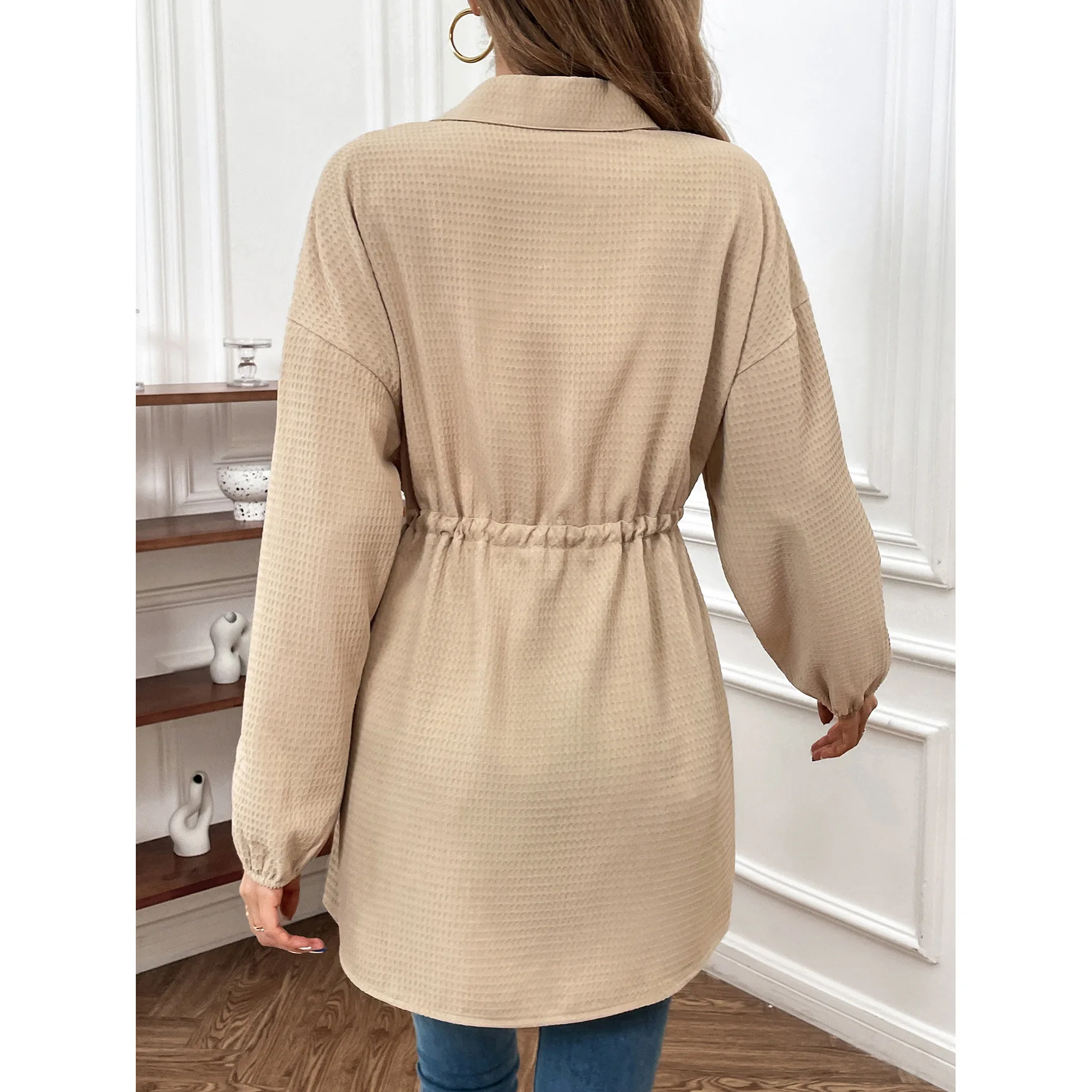 Women's Top Drawstring Waist Closure Button Khaki Color Loose Fitting Long Sleeved Temperament Elegant Commuting Casual