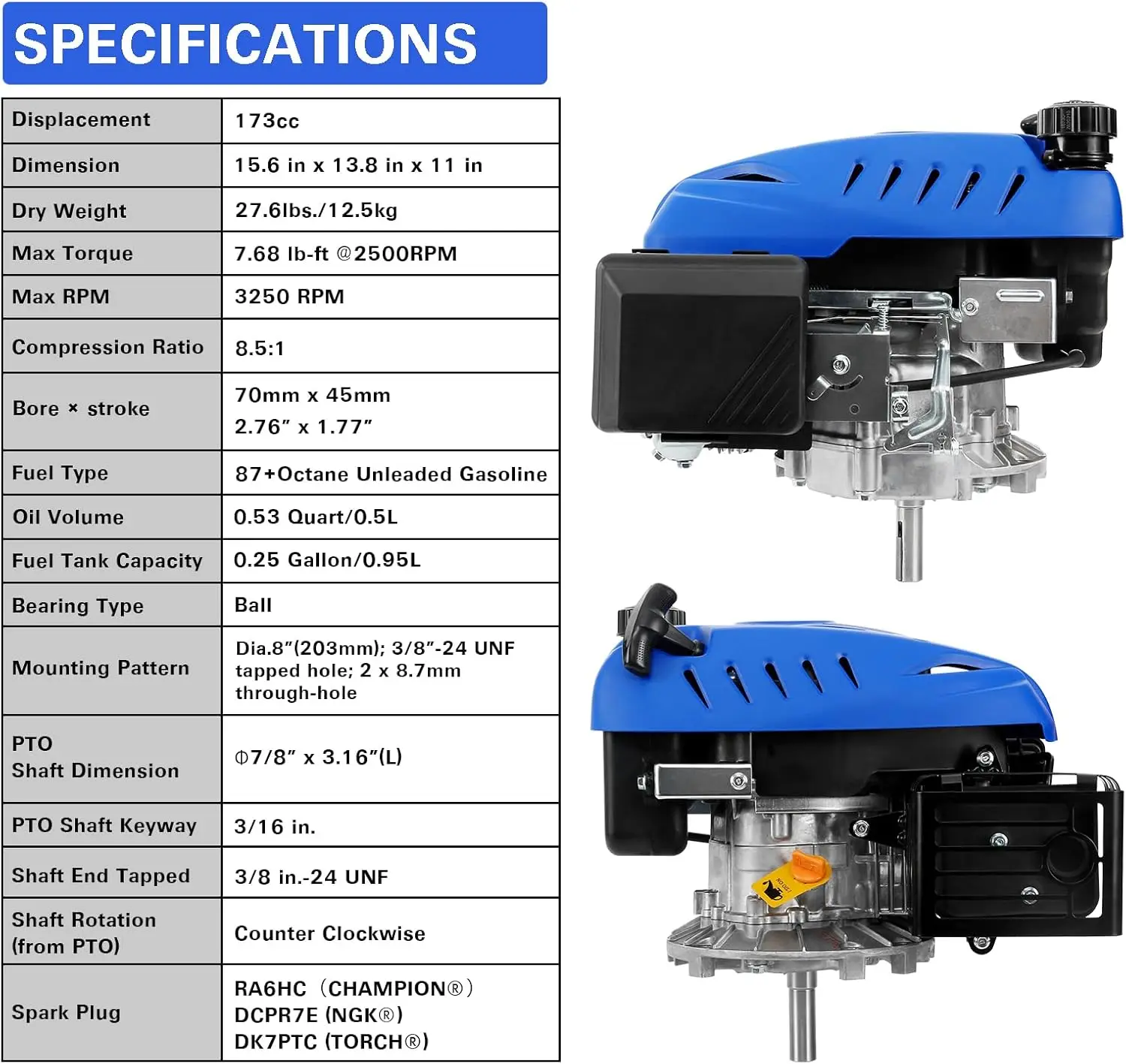 Gas Engine Vertical Shaft, 173cc 4.4 HP 4-Stroke Gas Motor, Replacement Engine for Lawn Mower, EPA & CARB Compliant