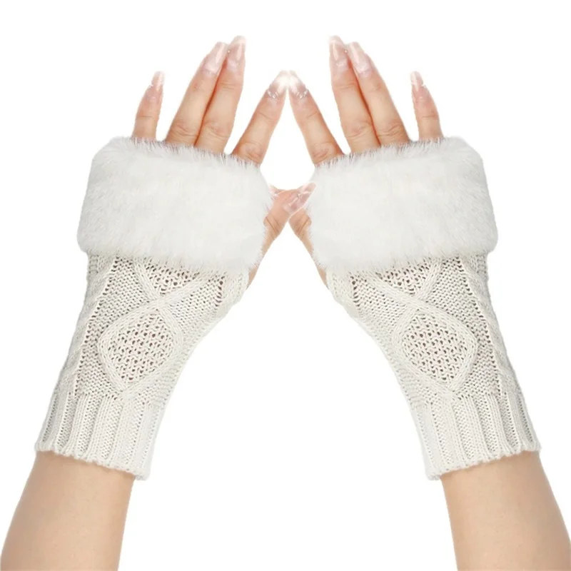 Women'S Fingerless Gloves With Double Diamond Shaped Yarn Knitted Gloves Elastic And Soft Winter Warm Long Finger Gloves