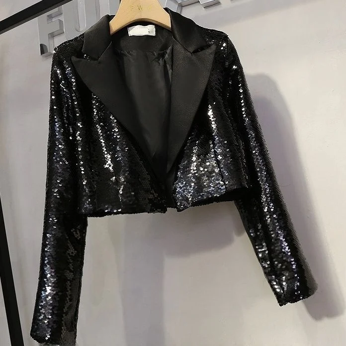 

Dragon Scale Autumn New Fashion Versatile Slimming Shiny Sequin Suit Jacket Women Short Open Cardigan Top Sparkling Bling