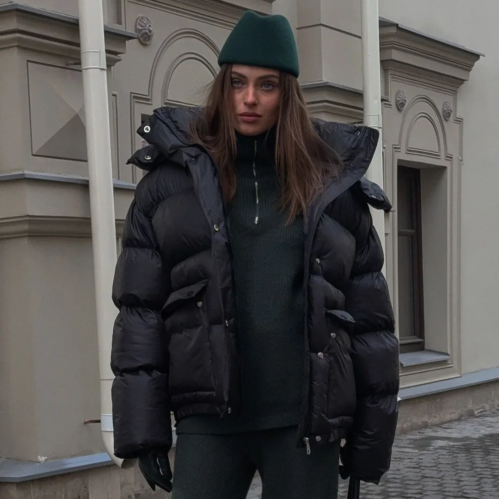 Black Quilted Coat Women Winter New Square Pocket Warm Hooded Puffer Jacket