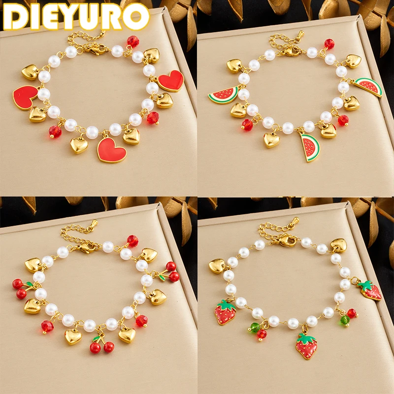 

DIEYURO 316L Stainless Steel Red Enamel Strawberry Cherry Watermelon Beaded Pearl Bracelet Women Classic Wrist Chain Jewelry