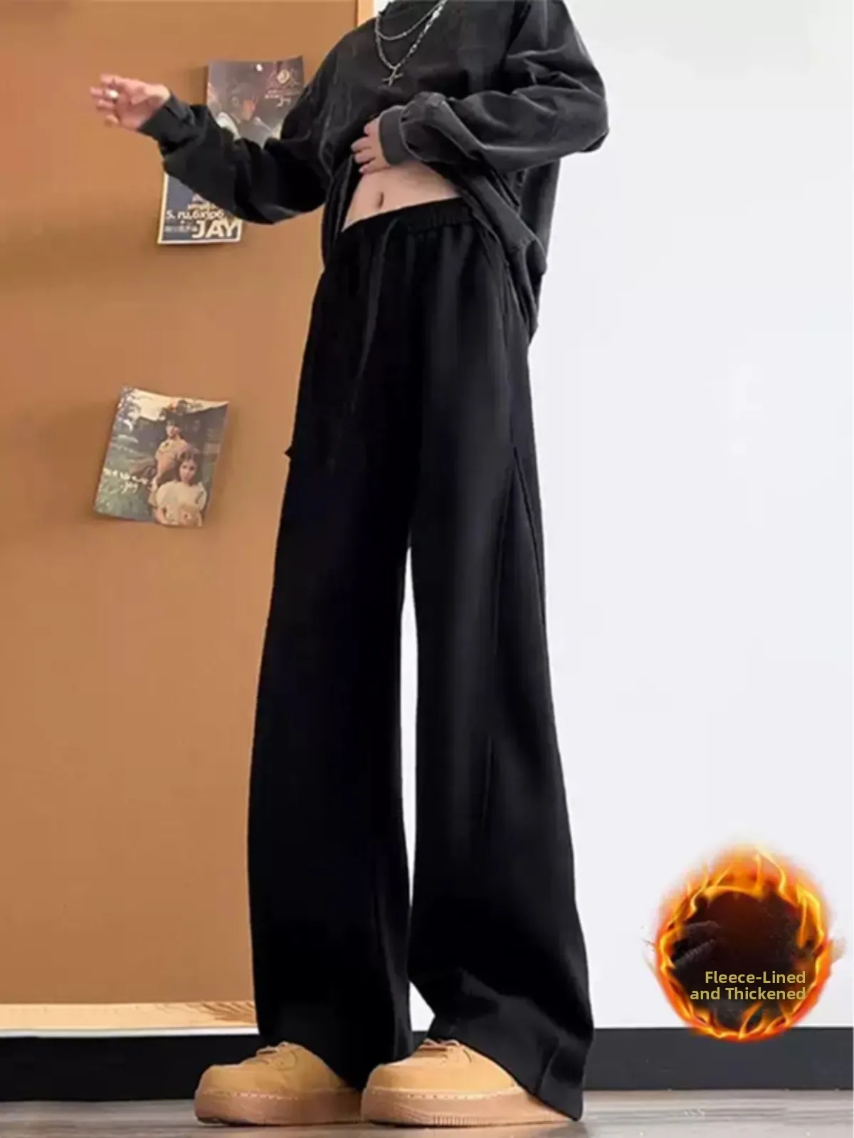 

Черные мужские брюки с высокой талией, осенне-зимние, утепленные флисом, широкие, в американском ретро-стиле, износостойкие, повседневные, длинные