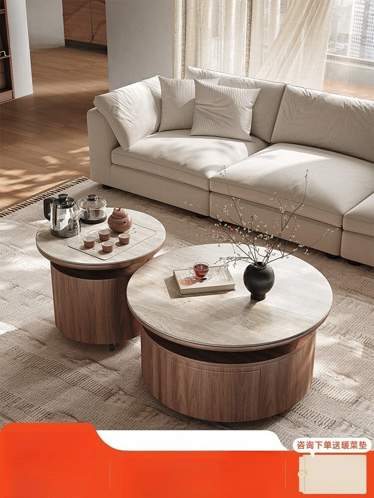 

Sofa side table coffee table movable household small apartment living room retro kung fu tea integrated round combination coffee