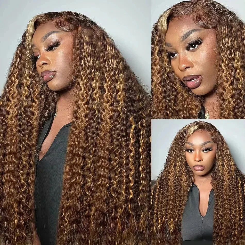 Colored 4/27 Honey Blonde Lace Frontal Wigs Highlight Ombre Curly 13x4 Lace Front Wig 250% Human Hair Transparent Deep Wave