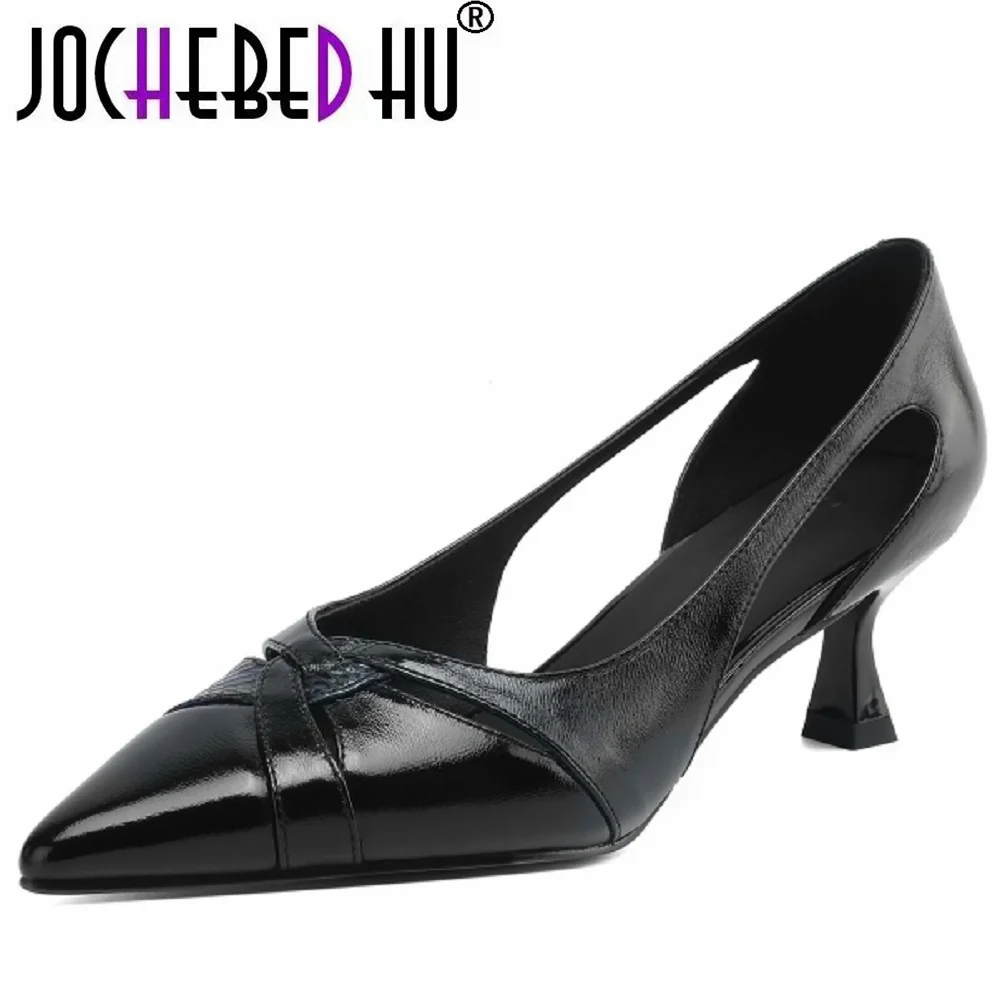 

【JOCHEBED HU】Летние женские босоножки ручной работы из натуральной кожи на среднем каблуке с открытым носком, элегантность на среднем каблуке с мягкой подошвой