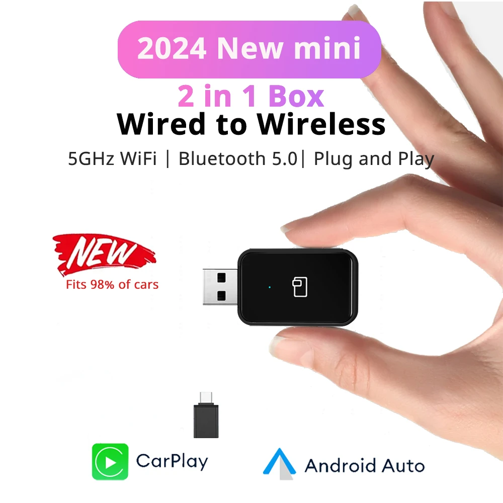 

2024 Мини Беспроводной CarPlay Android Auto Беспроводной адаптер Smart 2in1 Box Plug and Play WiFi Быстрое подключение Универсальный для Nissan