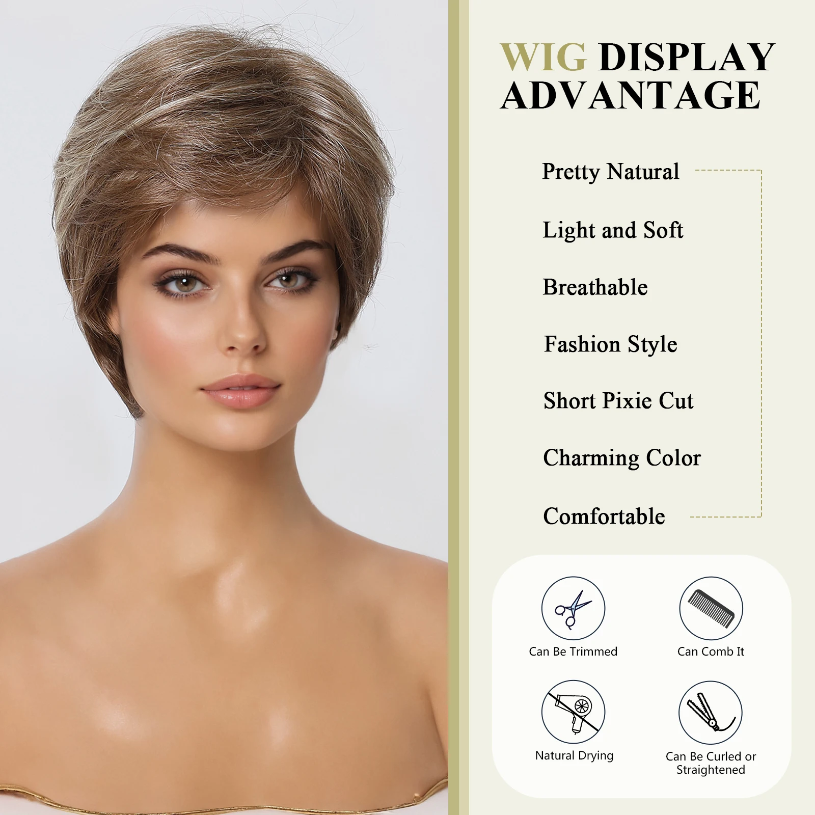 Brown Natural Straight Blend Human Hair Wigs for Women Daily Use Hair Short Pixie Cut Layered Human Hair Machine Made Cheap Wig