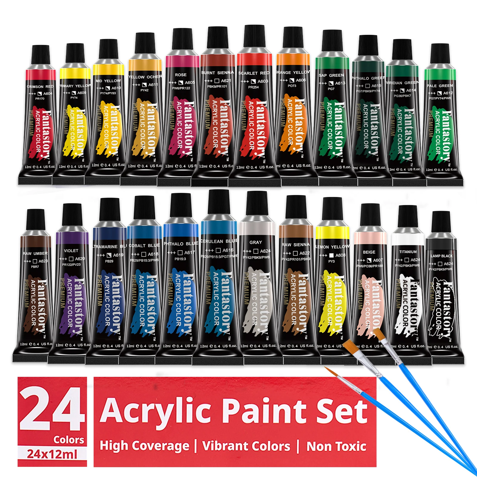 Juego de pintura acrílica de 24 colores de 12ML con 3 pinceles, regalos ideales para pintores, suministros de pintura para adultos, dibujo y pintura