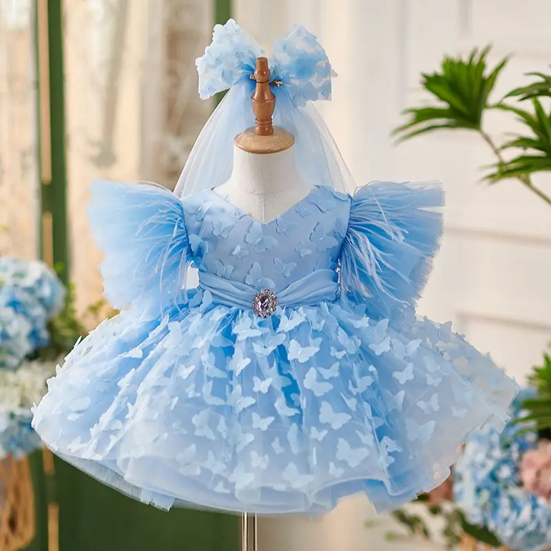 

Girls' bow feather princess dress 3-12 years old new fashion butterfly tutu skirt carnival birthday party noble and elegant Dres