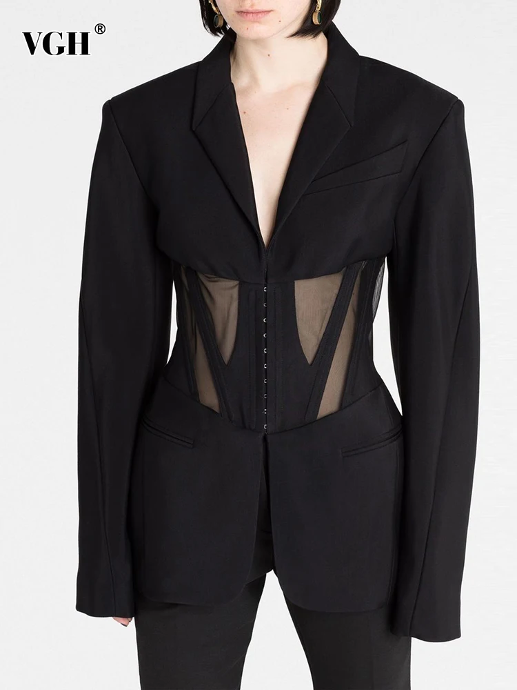 

VGH Patchwork Mesh Solid Blazers For Women Notched Collar Long Sleeve High Waist Tuinc Slimming Blazer Female Clothing 2023 New