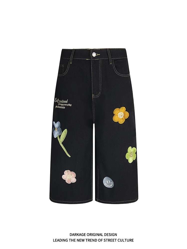 

Ретро-джинсы в американском стиле с вышивкой и цветочным узором, свободные, с широкими штанинами, для пар, длиной до колена, из дышащей смесовой ткани (хлопок/полиэстер)