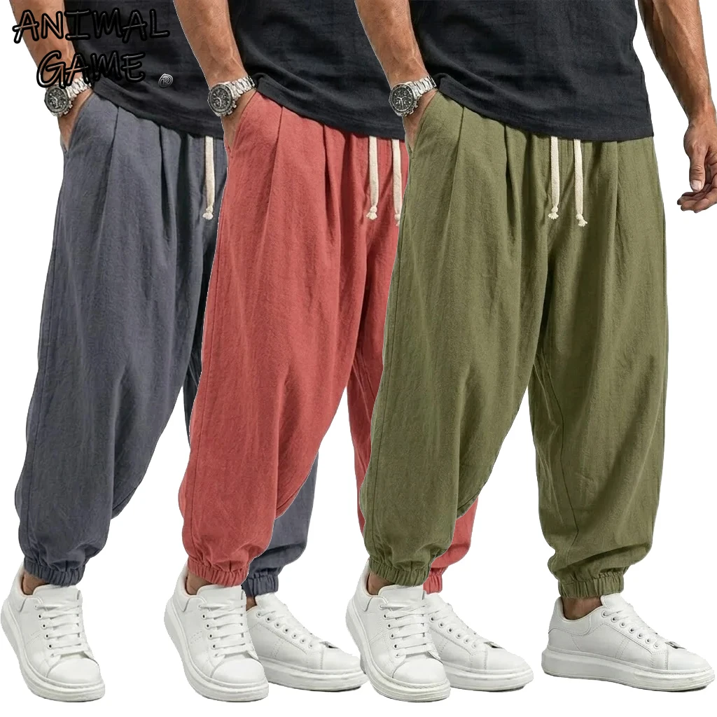 Korean Linen Cotton Pants Men's Gym Man Trousers Casual Work Pants Man Spring Harem Pants Autumn Drawstring Loose Streetwear Man