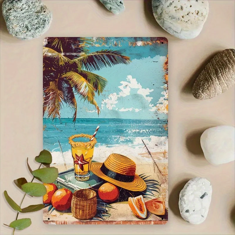 Vintage Beach Scene Metal Tin Sign - Sunshine and Sea Breeze Retro Wall Art for Cafe, Restaurant, Home, Garage, Patio, Garden