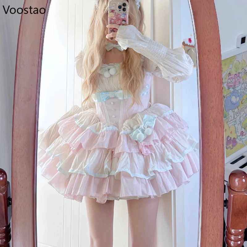 Sweet Lolita OP Dress Japanese Women Harajuku Kawaii Lace Bow Ruffles Evening Party Dresses Female Off Shoulder Princess Dress