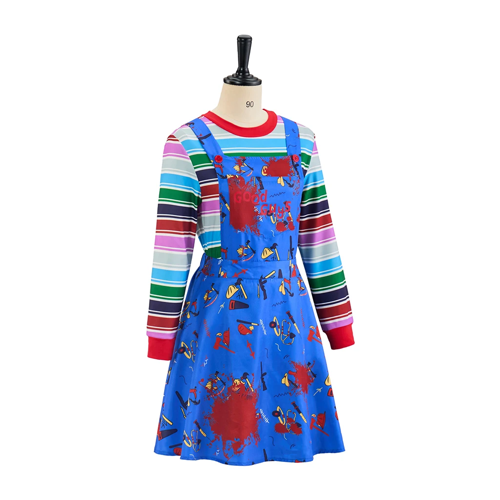 Chucky Cosplay Costume Women Horror Movie Killer Doll Rainbow Striped T-Shirt Print Suspender Dress Halloween Carnival Clothing