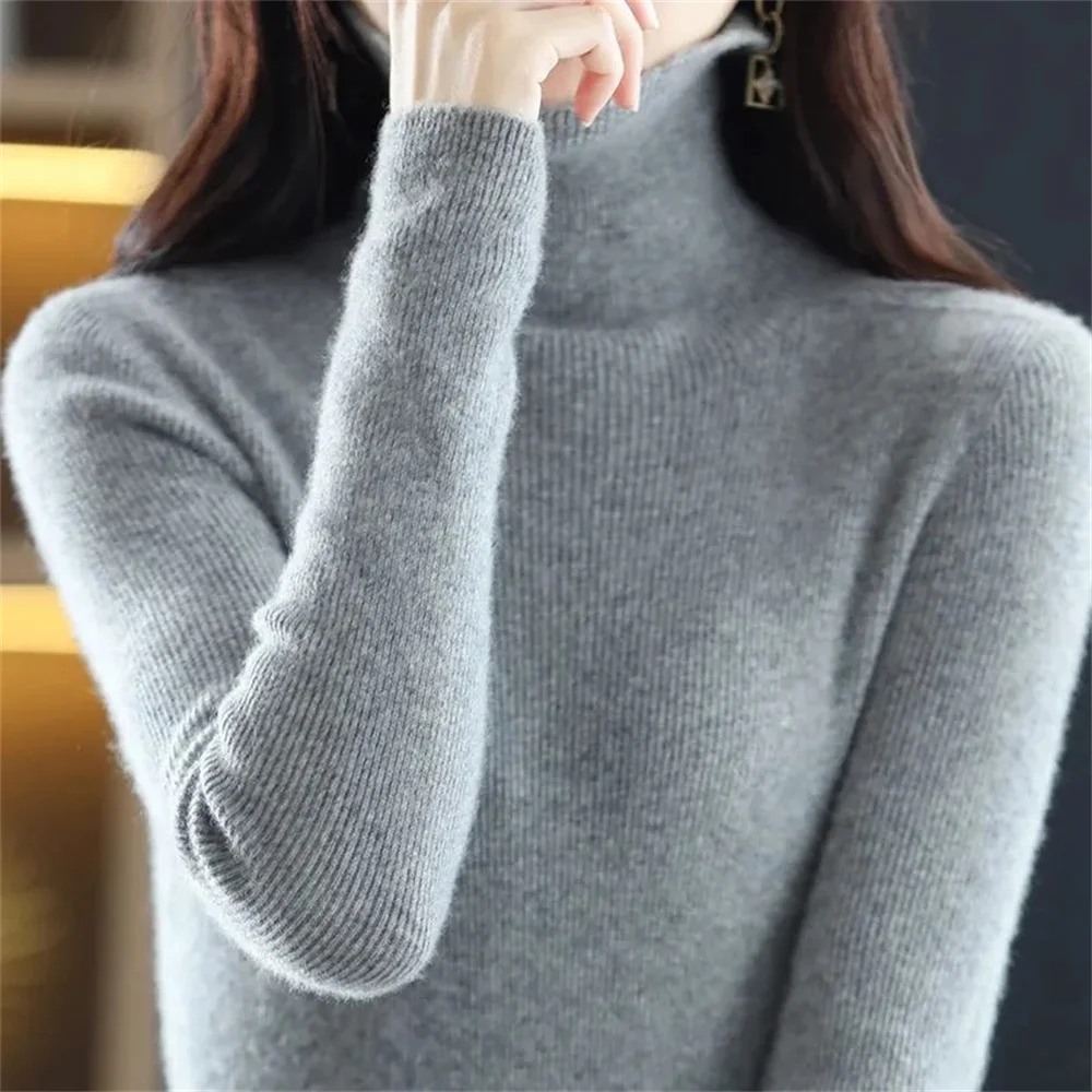 2023 Autumn/Winter Women's New Pullover Casual Solid 100% Wool Knitted Sweater with Stacked Collar Soft and Breathable Blouse