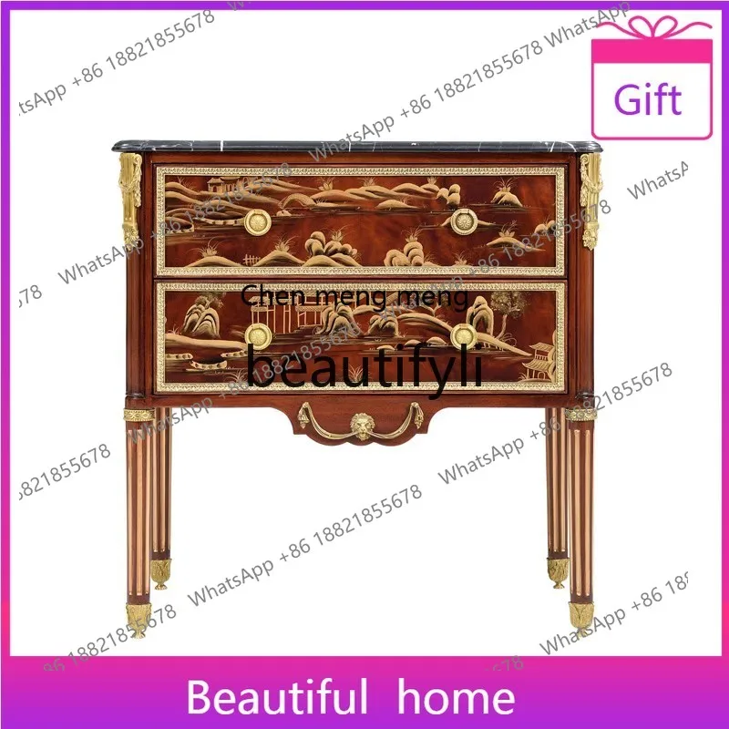 British Style Luxury Small Chest of Drawers Classical Solid Wood Bedside Table Artistic Hand Painted Decorative Cabinet