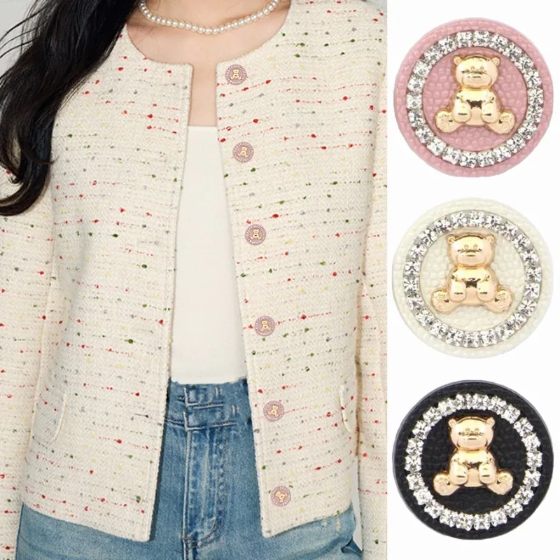 FCXDG Fashion Inlaid Diamond Cute Bear Pattern Metal Buttons Women's Children's Jumper Cardigan Jacket Round Exquisite Buttons