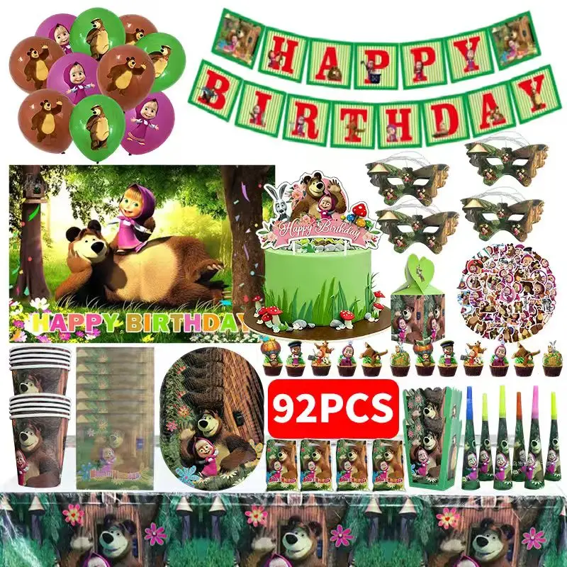Masha and Bear Birthday Decoration Set Tableware Plate Cup Tablecloth Gift Bag Masha Bear Birthday Supplies Ballon Party Favor