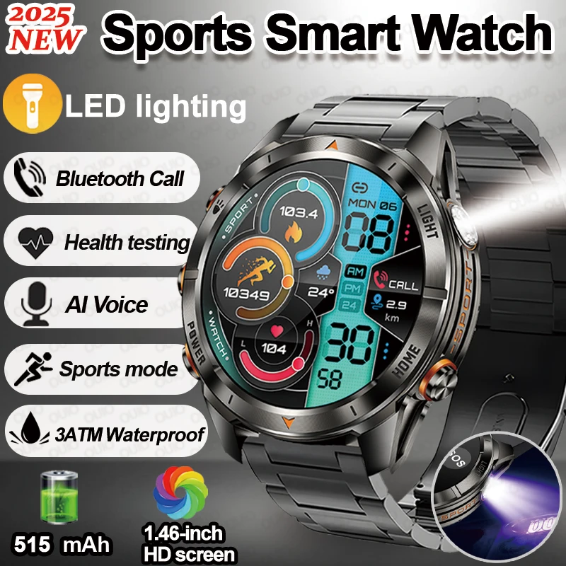 

Новые спортивные умные часы, уличный светодиодный фонарик, 1,46 дюйма, HD-экран, 515 мАч, 100 + спортивный режим, 3 атм, водонепроницаемые умные часы для тестирования здоровья