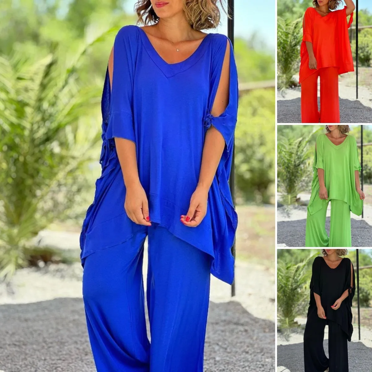 Fashion Summer Solid Color Pants Sets Women Half Sleeves V-neck Loose Long T Shirt Loose Wide Legs Trousers Two Piece Set Female