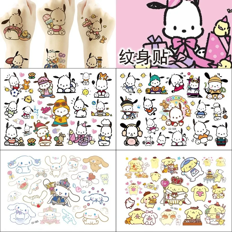 

2024 Sanrio Pochacco Tattoo Sticker Pom Pom Purin Tattoos Cinnamoroll Stickers Cosplay Decor Temporary Waterproof Art Tattoo