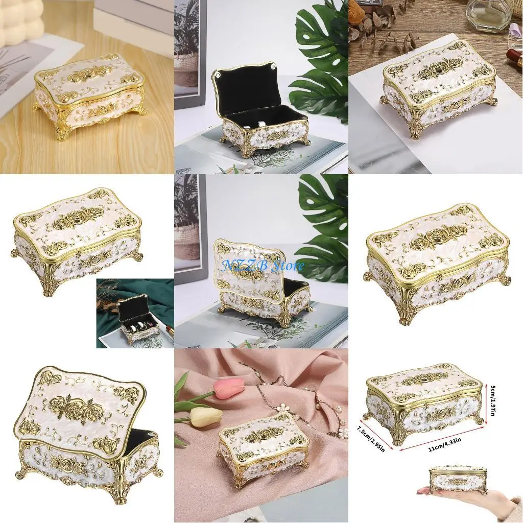 

T21F Zinc Alloy Jewelry Box with Artistic Rose Engraving Soft Plush Lining and Easy Open Mechanism for Home Decoration