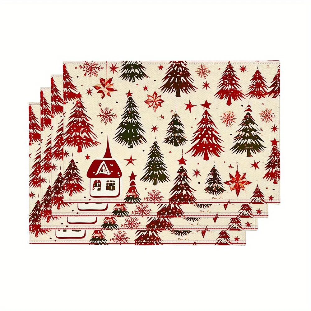 

4pcs Festive Christmas Placemats Set Snowy Winter Scene with Red Green Christmas Trees, Snowflakes, and "Merry Christmas" Sign