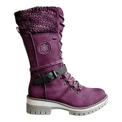 Platform Shoes 2024 Winter Buckle Lace Up Knitted Mid-calf Boots Low Heel Round Toe Warm Boots Plus Size 36-43 Botas De Mujer